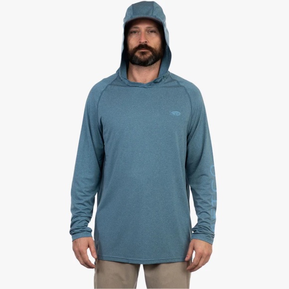 NEW AFTCO Men's Large Samurai 2 Hooded UPF 50 Long Sleeve Space Blue Heather - Picture 1 of 3